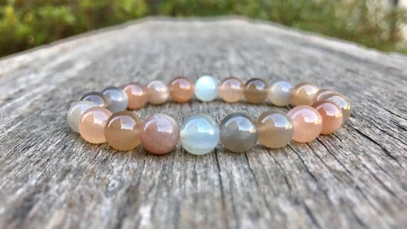 Handmade Beaded 8mm Stretchable Multi Multicolor Moonstone Bracelet Round, Smooth 7" for mens, womens, gf, bf & Adult.
