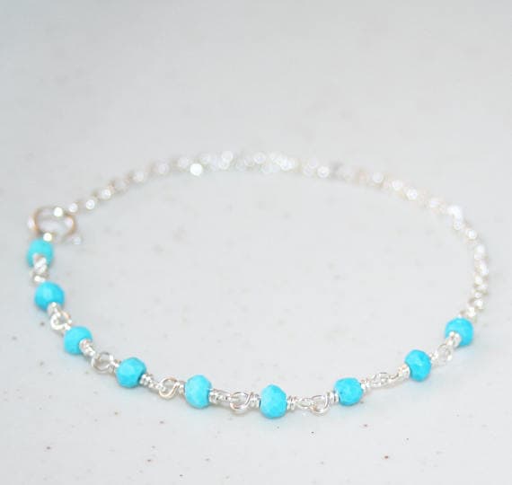 925 sterling Silver Artisan Loose 3-3.5mm stacking Blue Blue Turquoise Bracelet Rondelle, Smooth 7" for mens, womens.