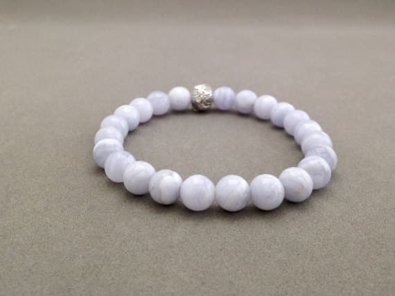 Blue Lace Agate and Karen Hill Tribe Stretch Bead Bracelet for Improved Communication, Stress Relief, Easing Old Resentments 8mm  Code- WAR6193