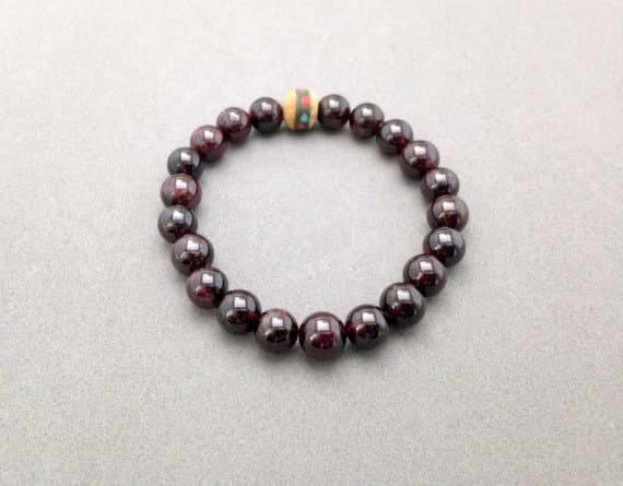 Red Garnet and Inlaid Wooden Bead Stretch Bead Bracelet for Motivation, Activate Kundalini Energy, Purification and to Lessen Depression 9mm  Code- WAR6189