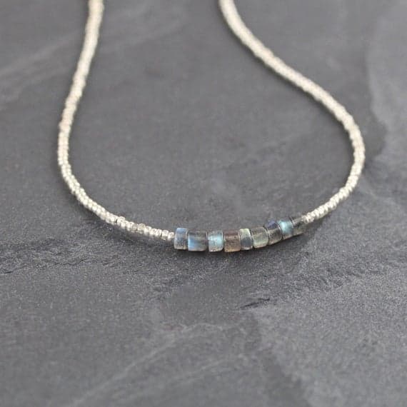 925 sterling Silver Galaxy Jewelry Silver Helling 4-4.5mm stacking Gray Labradorite Necklace Tyre, faceted 16" for mens, womens, gf, bf & Adult.