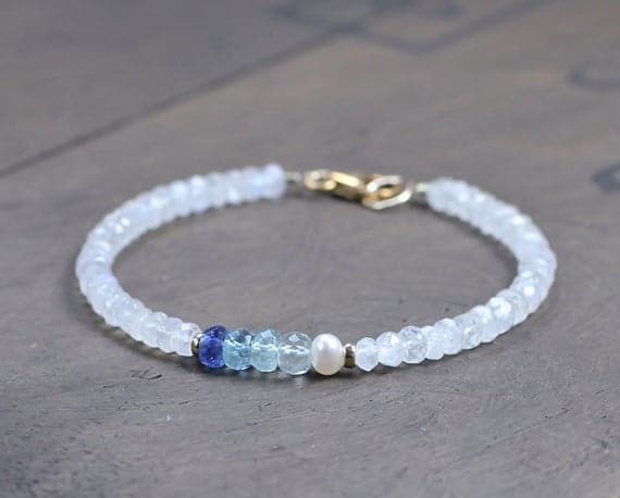 925 sterling silver Unique Wedding Gift 3.5-4.5mm Multi Colour Moonstone, Pearl & Ombre Aquamarine stacking Bracelet Rondelle,Round, Faceted,smooth 18cm for mens, womens, gf, bf and adults.
