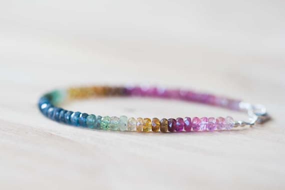 925 sterling silver Dainty Slave Loose 4-4.5mm Multi Colour Tourmaline & Aqua Kyanite stacking Bracelet Rondelle , Faceted 18cm for mens, womens, gf, bf and adults.