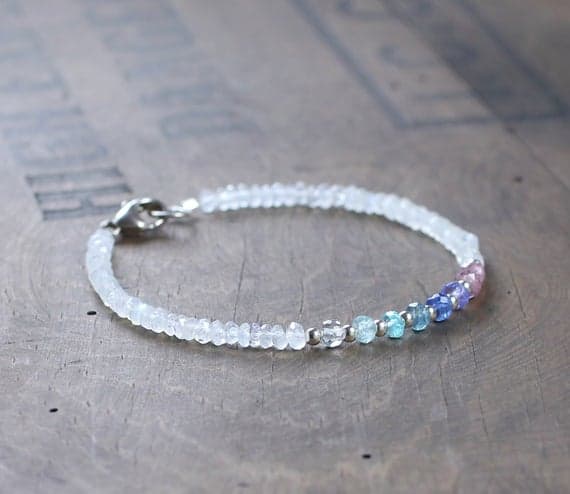 925 sterling silver Handmade Beaded 3.5mm Multi Colour Multicolor Gemstone &  Moonstone stacking Bracelet Rondelle, Faceted 18cm for mens, womens, gf, bf and adults.