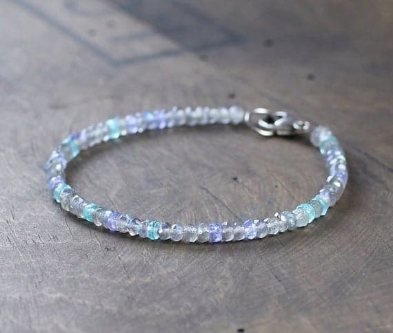 925 sterling silver Anniversary Gift 3-3.5mm Multi Colour Apatite, Tanzanite & Labradorite stacking Bracelet Rondelle, Faceted 18cm for mens, womens, gf, bf and adults.
