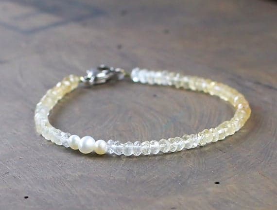 925 sterling silver Rock Gift 3-3.5mm Multi Colour Citrine & Freshwater Pearl stacking Bracelet Rondelle,Round, Faceted,smooth 18cm for mens, womens, gf, bf and adults.