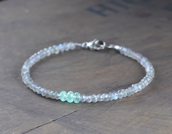 925 sterling silver memorial gift 3-3.5mm Multi Colour Labradorite & Colombian Emerald stacking Bracelet Rondelle, Faceted 18cm for mens, womens, gf, bf and adults.