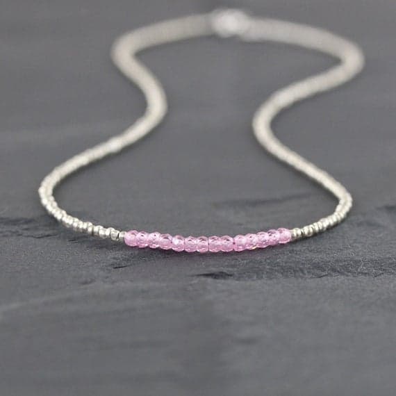 925 sterling Silver Positive Energy Silver helling 3-3.5mm stacking Pink Pink Zircon  Necklace Round, Faceted 16" for mens, womens, gf, bf & Adult.