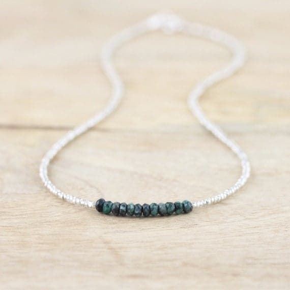 925 sterling Silver Artisan Loose 3.5mm stacking Green Emerald & Czech Charlotte Seed Necklace Round, Smooth 16" for mens, womens, gf, bf & Adult.