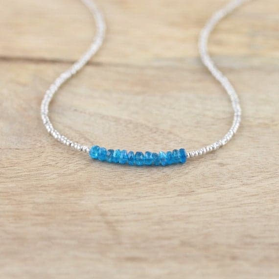 925 sterling Silver Bridesmaid Jewelry 4mm stacking Blue Neon Blue Apatite Necklace Rondelle, Faceted 16" for mens, womens, gf, bf & Adult.