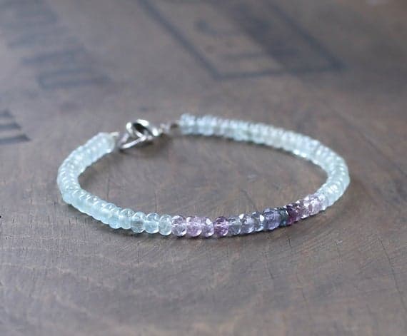 925 sterling silver memorial gift 3.5mm Multi Colour Ombre Purple Spinel & Aquamarine  stacking Bracelet Rondelle, Faceted 18cm for mens, womens, gf, bf and adults.