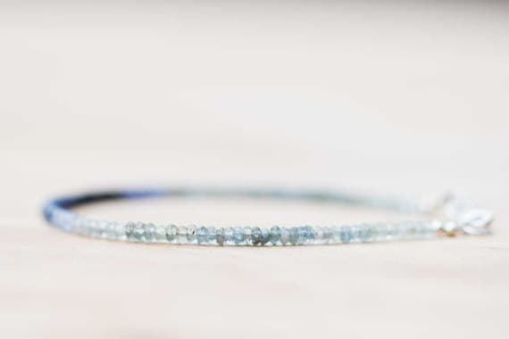 925 sterling silver good luck gift 2.5-3mm Multi Colour Moss Aquamarine & Sapphire stacking Bracelet Rondelle , Faceted 18cm for mens, womens, gf, bf and adults.