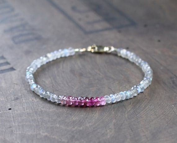 925 sterling silver chakras simple 3-3.5mm Multi Colour Pink Tourmaline & Labradorite stacking Bracelet Rondelle, Faceted 18cm for mens, womens, gf, bf and adults.