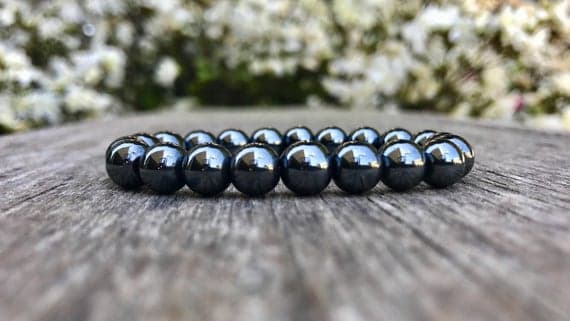 Handmade Beaded 8mm Stretchable Black Hematite Bracelet Round, Smooth 7" for mens, womens, gf, bf & Adult.