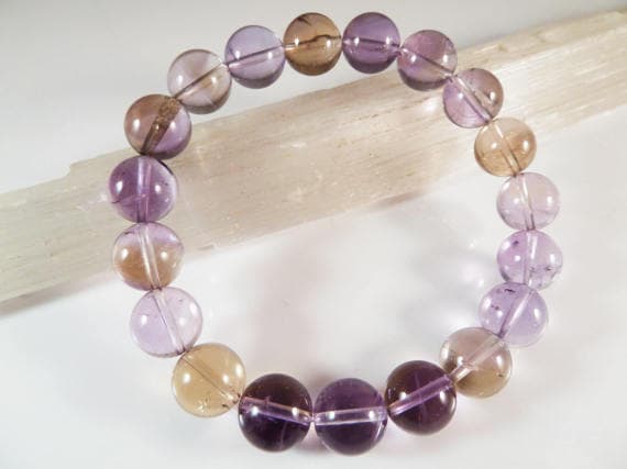 Empath Protection 10mm Stretchable Purple Ametrine Bracelet Round, Smooth 7.5" for mens, womens, gf, bf & Adult.