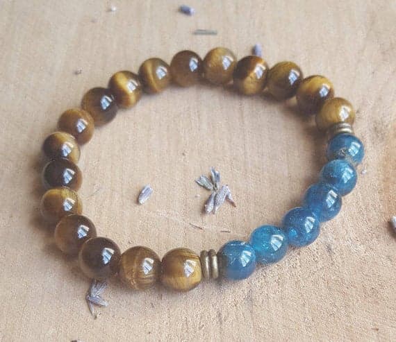 Anniversary Gift 8mm Stretchable Multi Blue Apatite & Gold  Tiger Eye Bracelet Round, Smooth 7" for mens, womens.