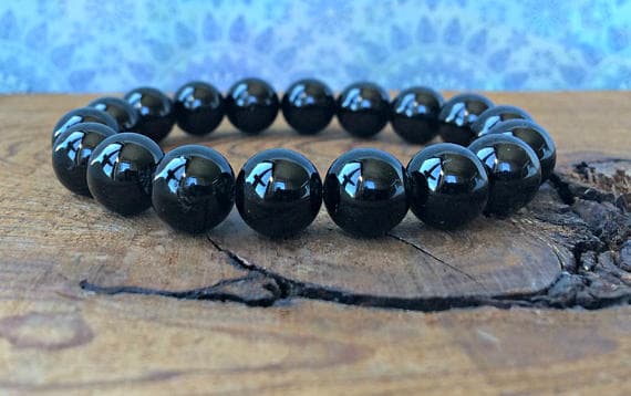 Rock Gift 10mm Stretchable Black Black Tourmaline Bracelet Round, Smooth 7" for mens, womens, gf, bf & Adult.