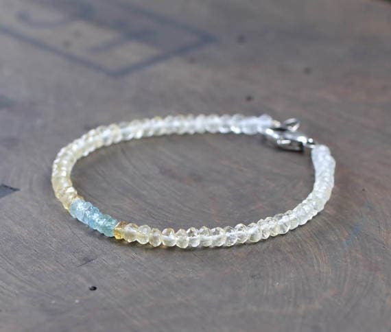 925 sterling silver Anxiety Relief Calming 3-3.5mm Multi Colour Citrine & Moss Aquamarine stacking Bracelet Rondelle, Faceted 18cm for mens, womens, gf, bf and adults.