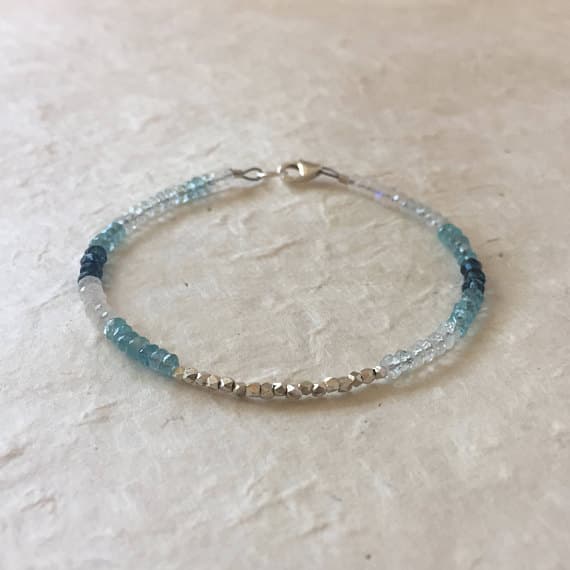 Aquamarine Moonstone Apatite London Blue Quartz Karen Hill Tribe Thai Silver Beaded Bracelet, Sundance Style 3-5mm Code- WAR6422