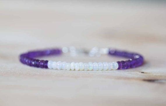 925 sterling silver Grounding 4-4.5mm Multi Colour Amethyst & Welo Opal  stacking Bracelet Rondelle, Smooth 18cm for mens, womens, gf, bf and adults.