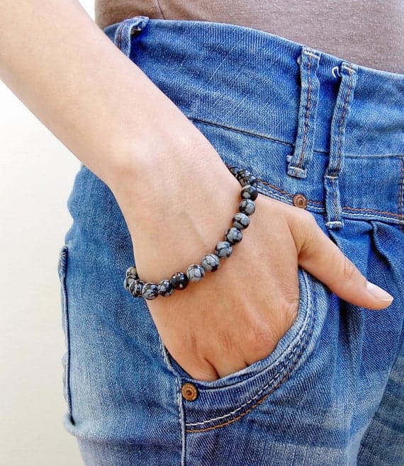 chakras simple 8mm Multi Colour Obsidian Snowflake Stretchable Bracelet Round, Smooth 18cm for mens, womens, gf, bf and adults.