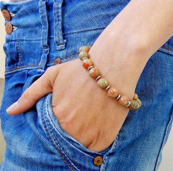 925 sterling silver Anniversary Gift 10mm Multi Colour Unakite Stretchable Bracelet Round, Smooth 18cm for mens, womens, gf, bf and adults.