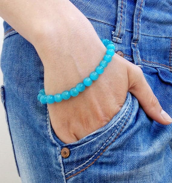 Unique Wedding Gift 8mm Sky Blue Cat's Eye Stretchable Bracelet Round, Smooth 18cm for mens, womens, gf, bf and adults.