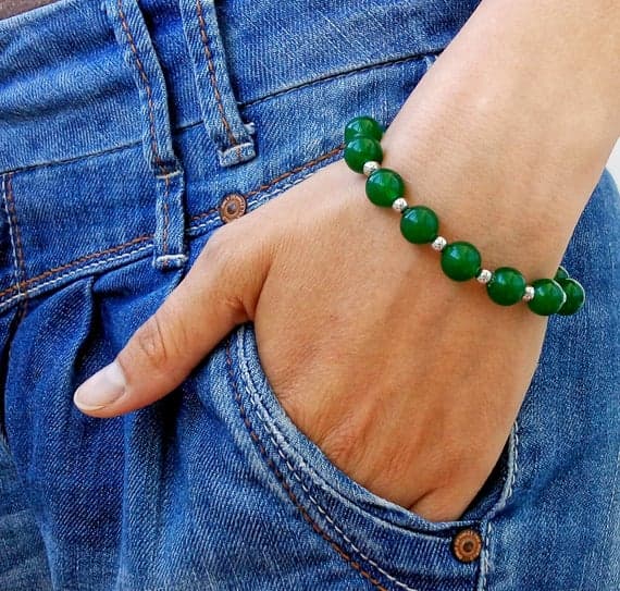 925 sterling silver Personalized Gift 10mm Green ADVENTURER Stretchable Bracelet Round, Smooth 18cm for mens, womens, gf, bf and adults.