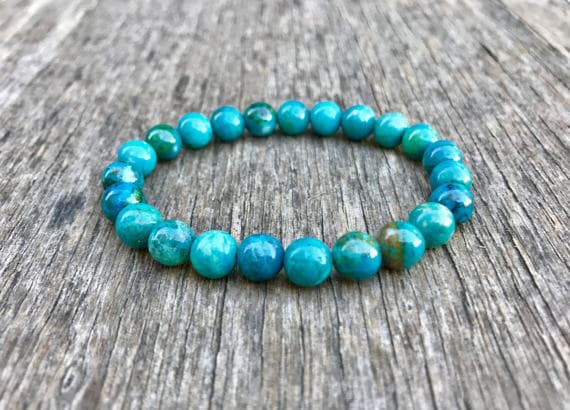 good luck gift 7.5mm Stretchable Blue Peruvian Chrysocolla Bracelet Round, Smooth 7" for mens, womens, gf, bf & Adult.