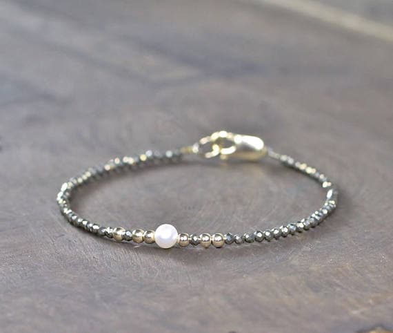 925 sterling silver Wholesale 2.5-4mm White Freshwater Pearl & Pyrite stacking Bracelet Round, Faceted 18cm for mens, womens, gf, bf and adults.