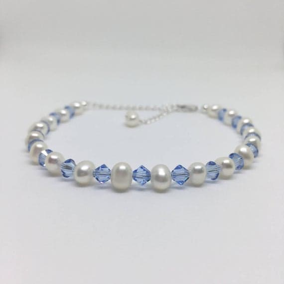 925 sterling Silver Bridesmaid Jewelry 4-5mm stacking Blue & White Blue Swarovski & Pearl Bracelet Round, Smooth 7" for mens, womens, gf, bf & Adult.