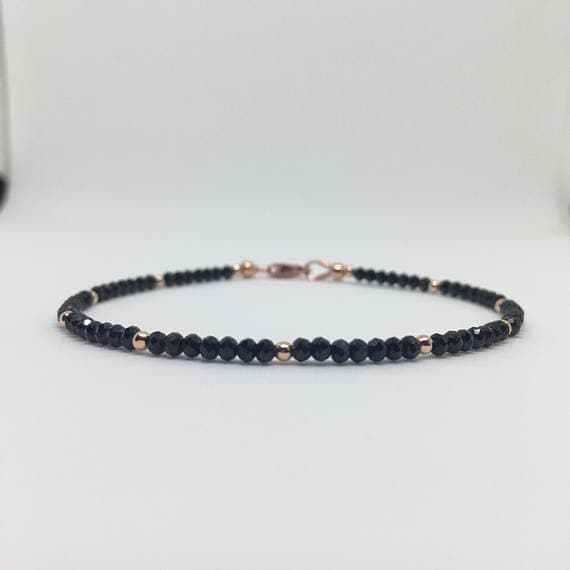 24k gold Plated Handmade Beaded Gold Helling 2mm stacking Black Black Spinel  Bracelet Round, Smooth 7" for mens, womens, gf, bf & Adult.