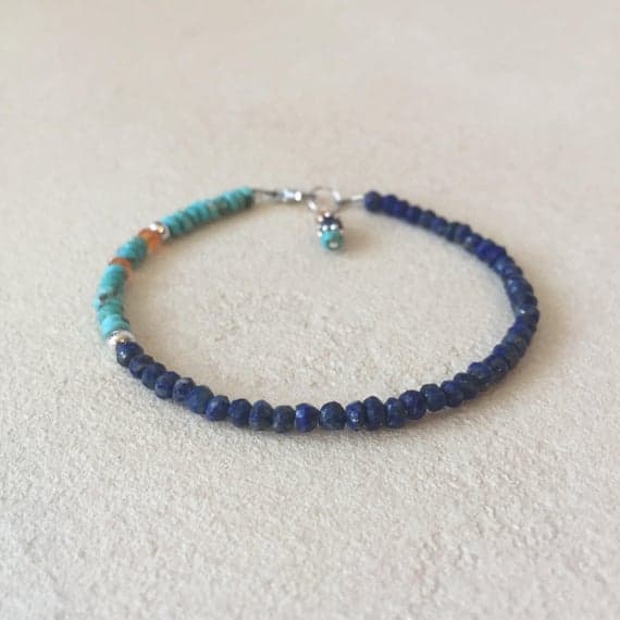 Arizona Sleeping Beauty Turquoise Lapis Lazuli Carnelian Karen Hill Tribe Thai Silver Beaded Bracelet, Sundance Style, Boho Chic Bracelet 3-5mm Code- WAR6414