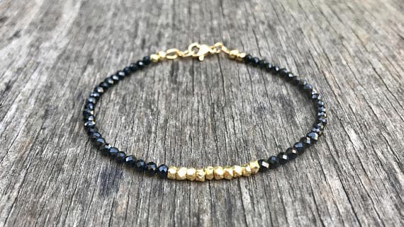 24k gold Plated Anxiety Relief Calming Gold Helling 4mm stacking Black Spinel Bracelet Round, Faceted 7" for mens, womens, gf, bf & Adult.