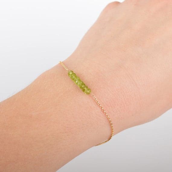24k gold memorial gift 4mm Green Peridot stacking Bracelet Rondelle, Faceted 18cm for mens, womens, gf, bf and adults.