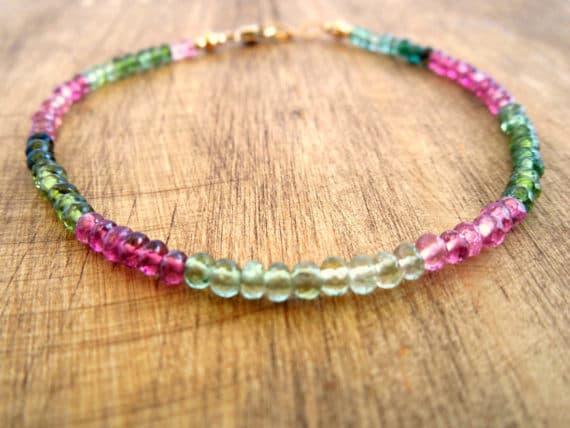 24k gold Plated Bridesmaid Jewelry 2x3 mm Stracking Pink & green  Pink And Green Tourmaline Bracelet Rondelle, Faceted 7" for mens, womens, GF, BF, Adults.
