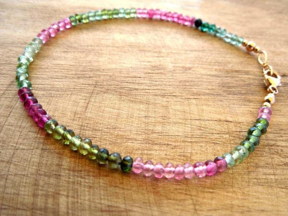 24k gold Plated Natural 2-3 mm Stracking Multi Tourmaline Bracelet Rondelle, Faceted 7" for mens, womens, GF, BF, Adults.
