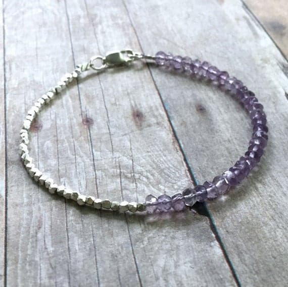 925 sterling silver Grounding 3mm Purple Genuine Amethyst stacking Bracelet rondelle, Faceted 18cm for mens, womens, gf, bf and adults.