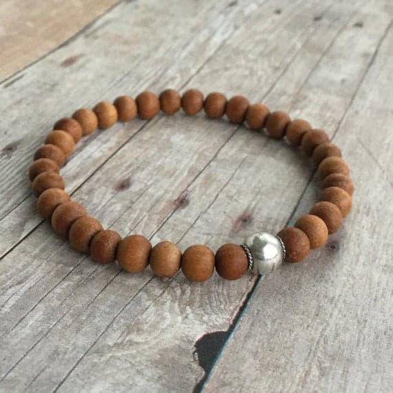 925 sterling silver Anxiety Relief Calming 6-8mm Orange Sandalwood Stretchable Bracelet Round, Smooth 18cm for mens, womens, gf, bf and adults.