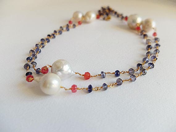 AAA++ Rare Quality Violet Blue Iolite Faceted Rosary Style Handmade Beaded necklace,red agate,baroque Pearls Necklace,multigem,Gold  filled long necklace 3/4 mm Code- TJH184