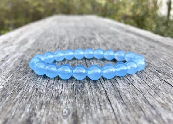 Handmade Beaded 8mm Stretchable Blue Natural Blue Chalcedony Bracelet Round, Smooth 7" for mens, womens, gf, bf & Adult.