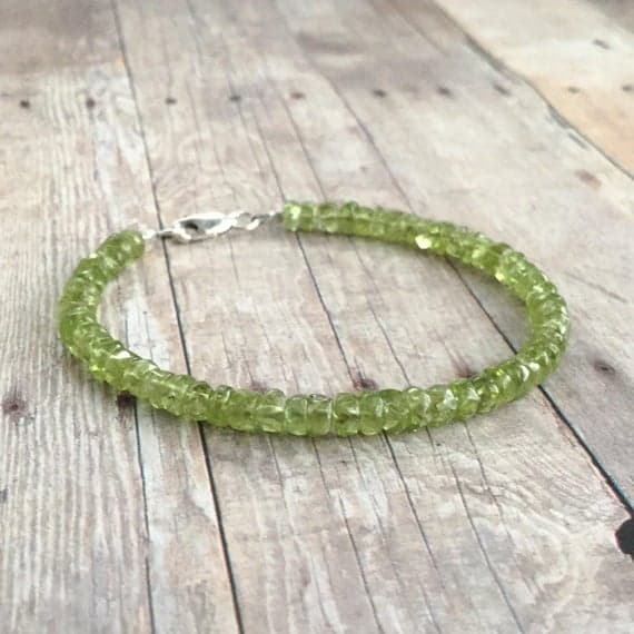 925 sterling silver Empath Protection 4mm Green Peridot stacking Bracelet Rondelle, Faceted 18cm for mens, womens, gf, bf and adults.