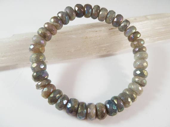 Bridesmaid Jewelry 8mm Stretchable Gray Labradorite Bracelet Rondelle, Faceted 7" for mens, womens, gf, bf & Adult.