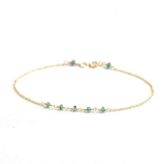 24k gold Plated Unique Wedding Gift 1x2mm stacking Green Tiny Natural Zambian Emerald Bracelet Rondelle, Faceted 7" for mens, womens, gf, bf & Adult.