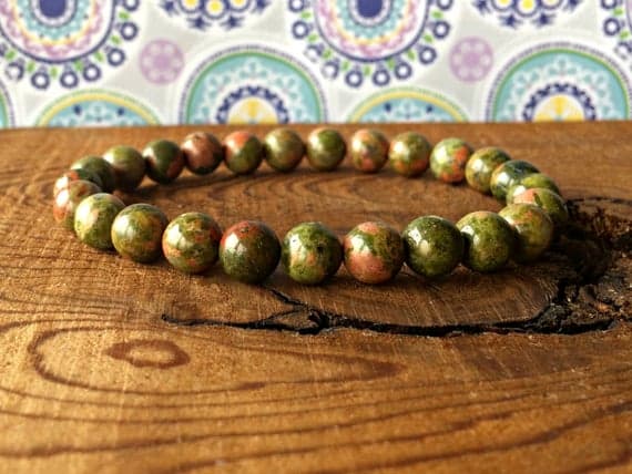 Empath Protection 8mm Stretchable Green Unakite Bracelet Round, Smooth 7" for mens, womens, gf, bf & Adult.