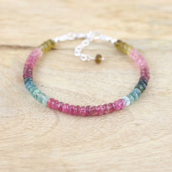925 sterling Silver Jewelry Energy 4-4.5mm stacking Multi Watermelon Tourmaline  Bracelet Rondelle, Faceted 7" for mens, womens, gf, bf & Adult.