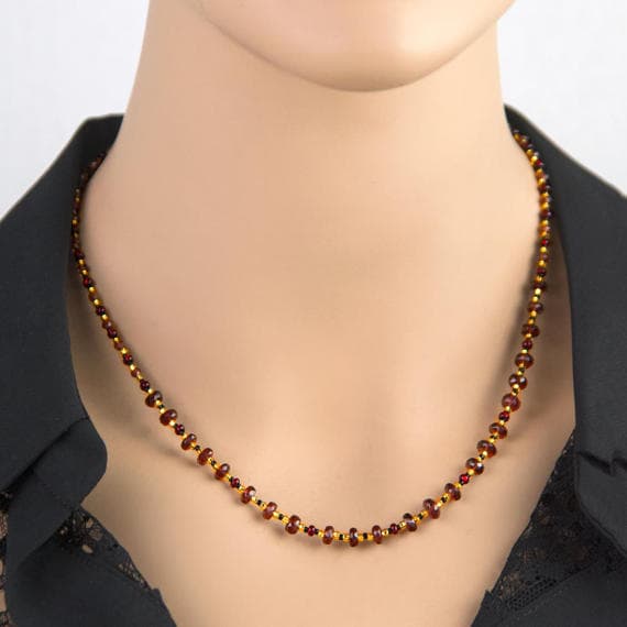 Mozambique Garnet Necklace, Genuine Quality Natural Faceted Gemstones Strand w Gold, January Birthstone, Fine Jewelry, Merlot Red 6mm  Code- WAR6827