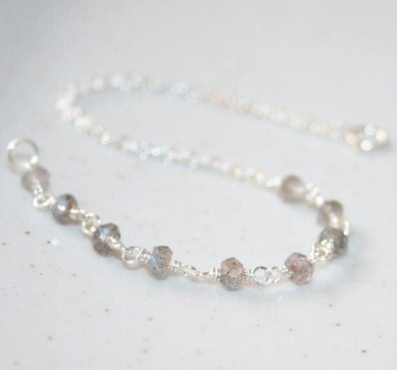 925 sterling Silver good luck gift 3.5-47mm stacking Gray Labradorite Bracelet Rondelle, Faceted 7" for mens, womens.