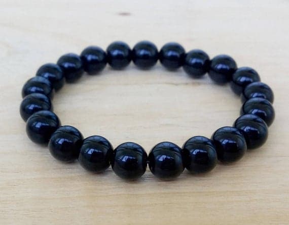 Bridesmaid Jewelry 12mm Black BLACK onyx  Stretchable Bracelet Round, Smooth 18cm for mens, womens, gf, bf and adults.