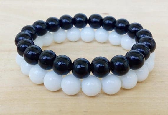 Dainty Slave Loose 10mm Black,White Black White Beads Stretchable Bracelet Round, Smooth 18cm for mens, womens, gf, bf and adults.